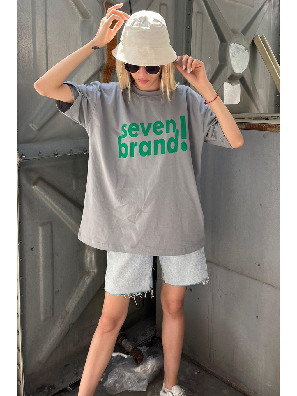Boyalı Gri Baskılı Oversize Tişört Mg1489-3