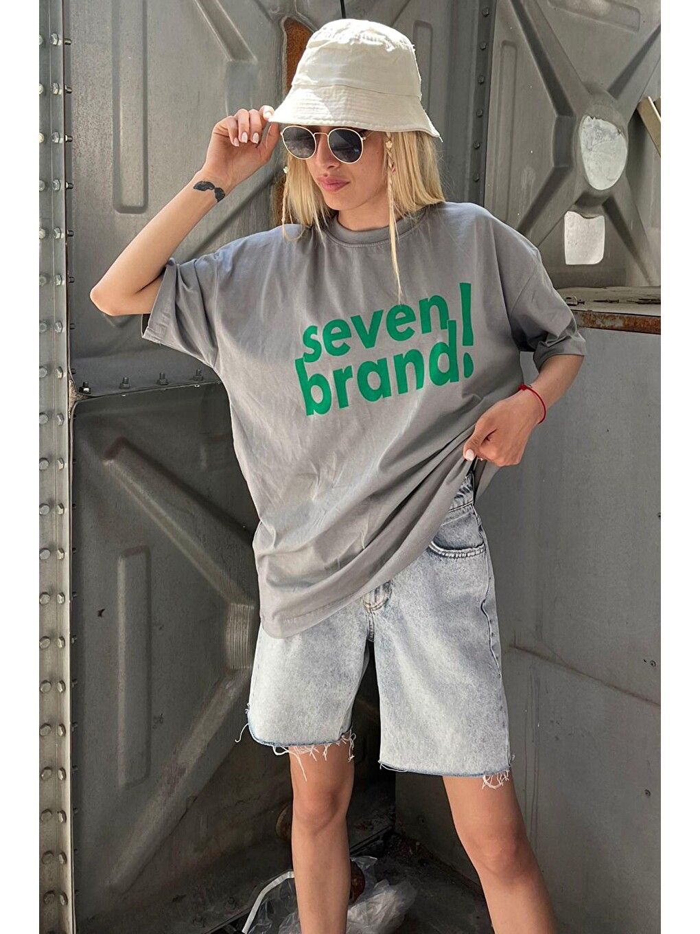 Boyalı Gri Baskılı Oversize Tişört Mg1489-4
