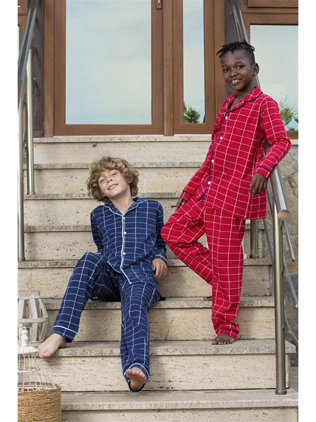 Erkek Çocuk Uzun Kollu Düğmeli Pijama Takımı Mia Kareli Kırmızı-2