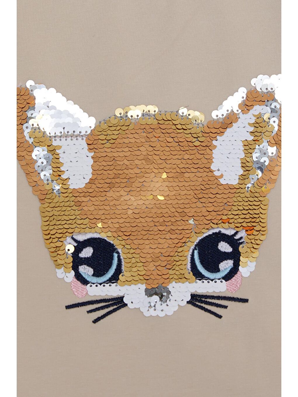 Kız Çocuk Uzun Kollu Tişört Sevimli Kedicik Hareketli Pul Nakışlı Bej (3-8 Yaş)-3