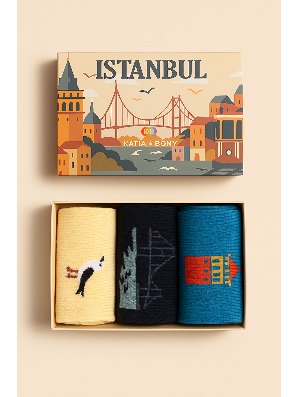 Karışık Özel İstanbul Koleksiyonu Kutulu 3'lü Şehir İkonları Unisex Çorap Seti