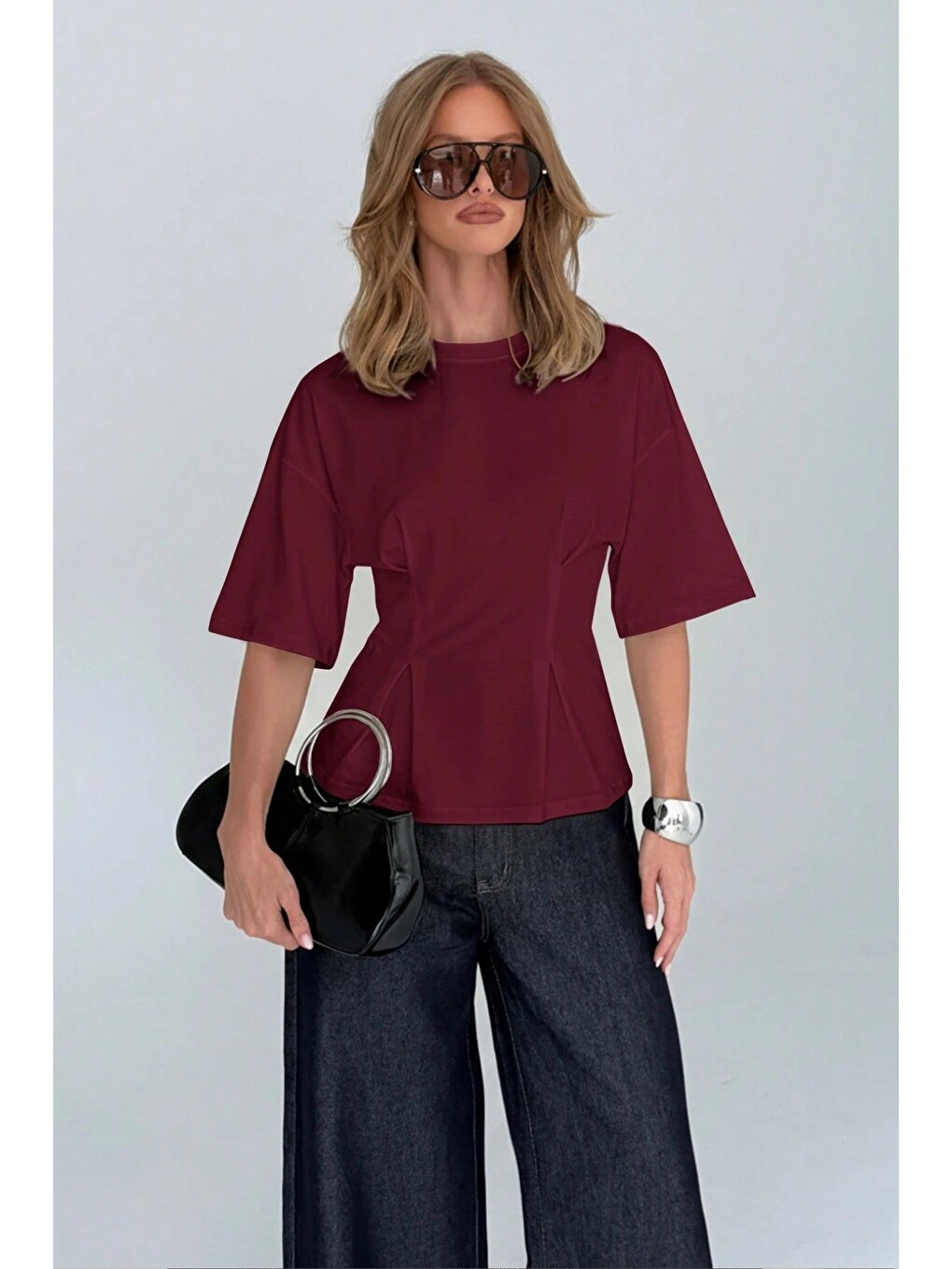 Bordo Kadın Oversize Basic Tişört Pile Detaylı Rahat Kesim Günlük Kombin