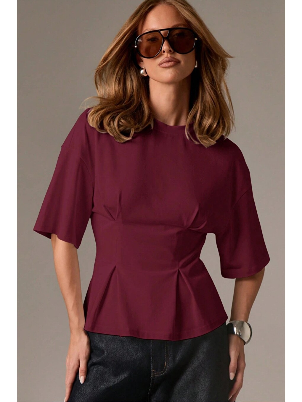Bordo Kadın Oversize Basic Tişört Pile Detaylı Rahat Kesim Günlük Kombin-1