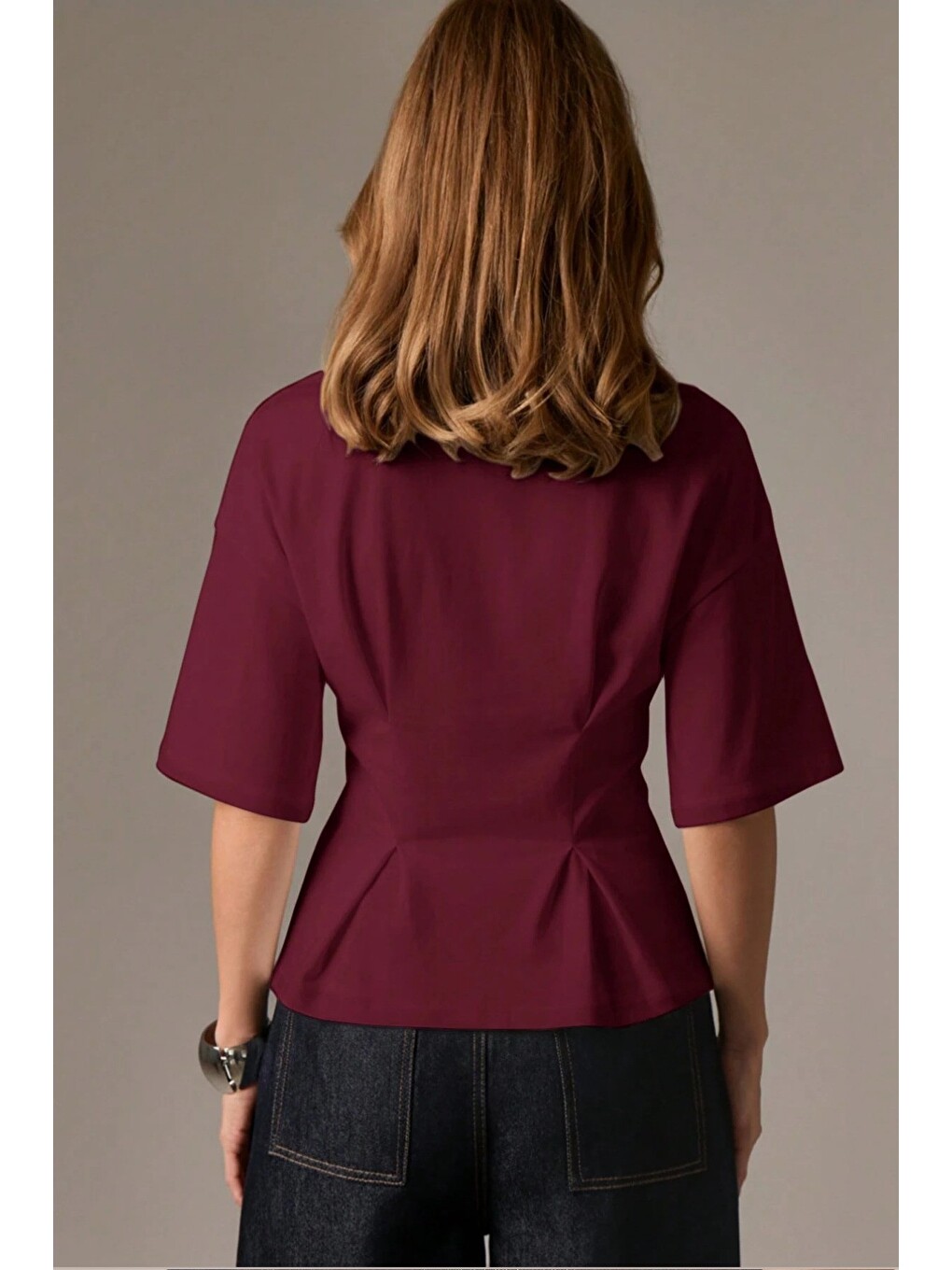 Bordo Kadın Oversize Basic Tişört Pile Detaylı Rahat Kesim Günlük Kombin-2