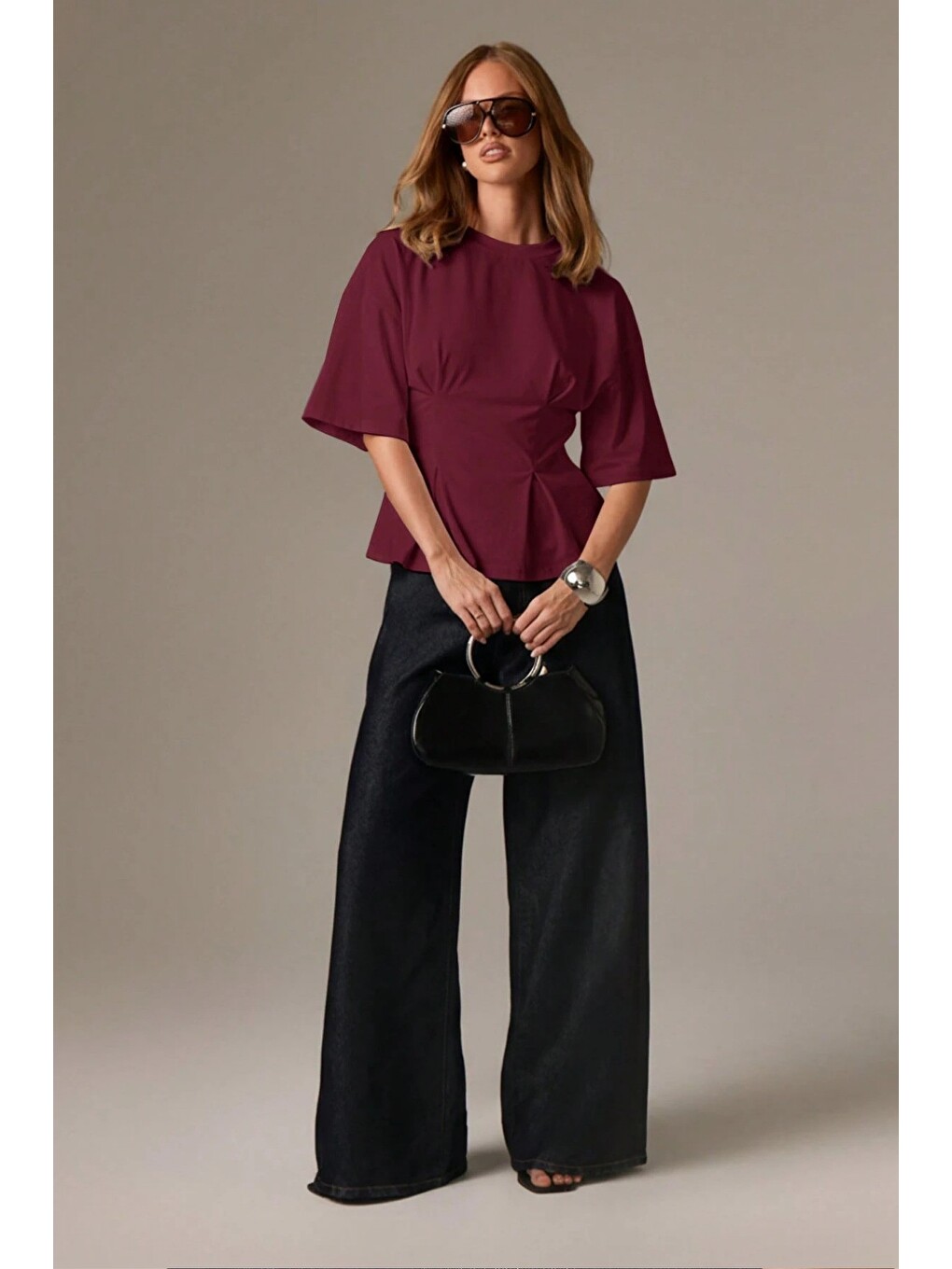 Bordo Kadın Oversize Basic Tişört Pile Detaylı Rahat Kesim Günlük Kombin-3