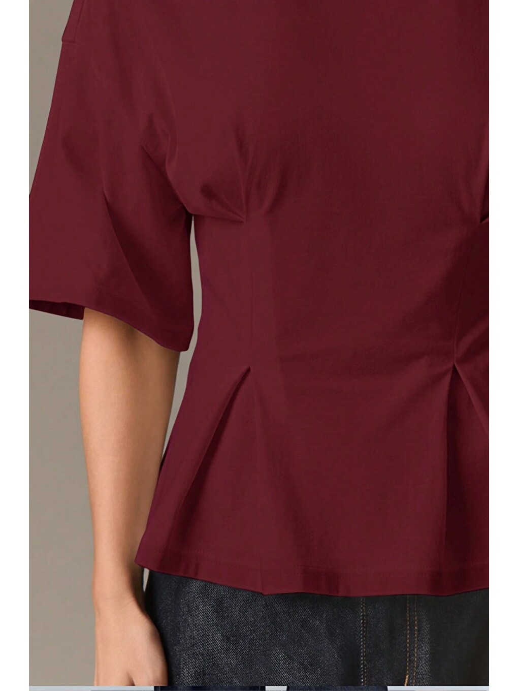Bordo Kadın Oversize Basic Tişört Pile Detaylı Rahat Kesim Günlük Kombin-4