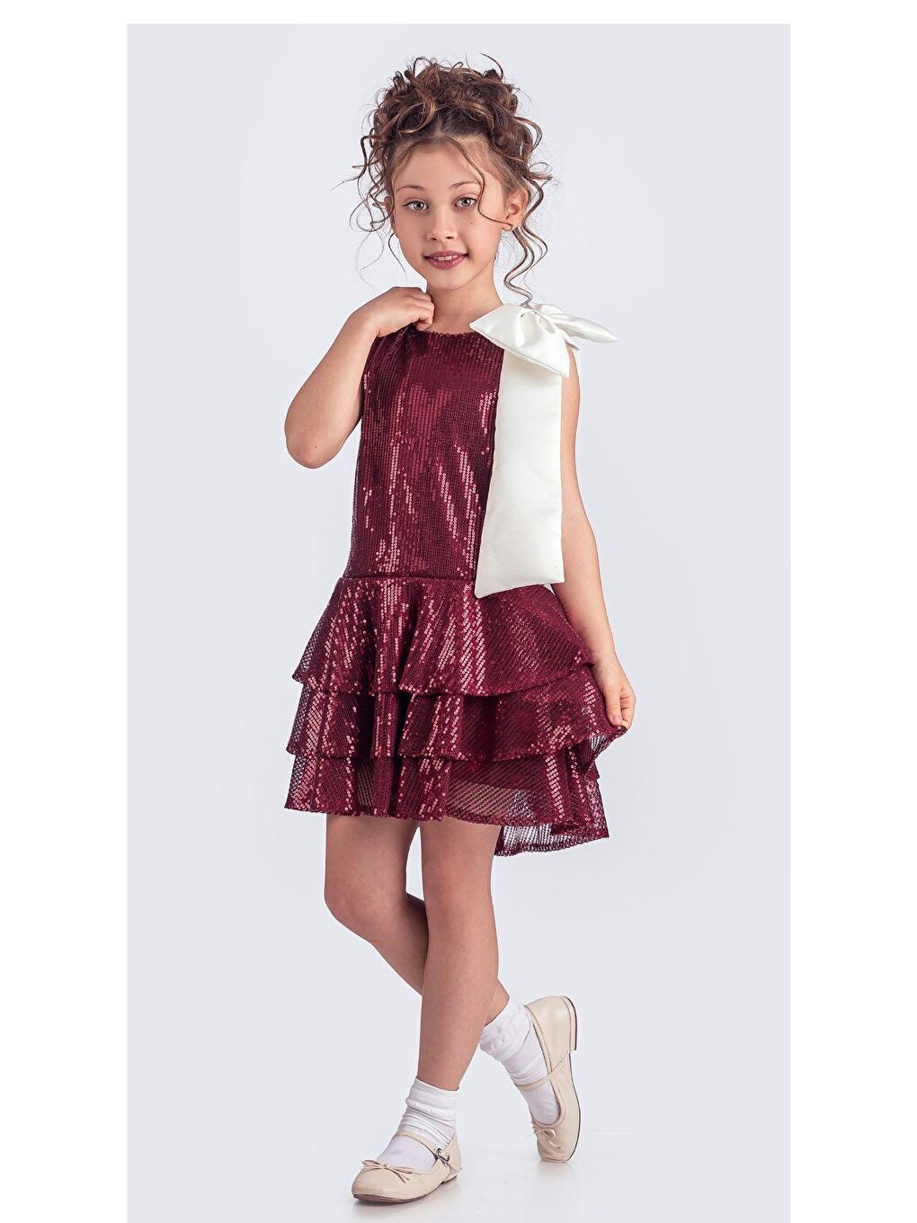 Bordo Yaka Fiyonk Işıltılı Pul Payet Kumaş Kız Çocuk Abiye Elbise M00702-7