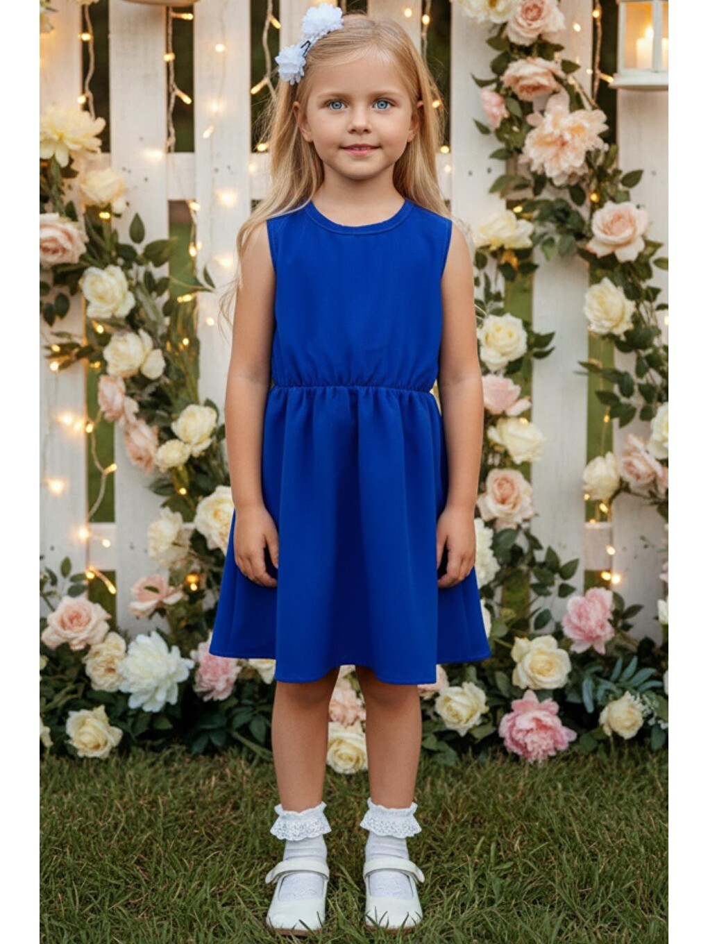 Kız Çocuk Saks Mavisi Double Kumaş Elbise Ve Beyaz Toka Takım 0023
