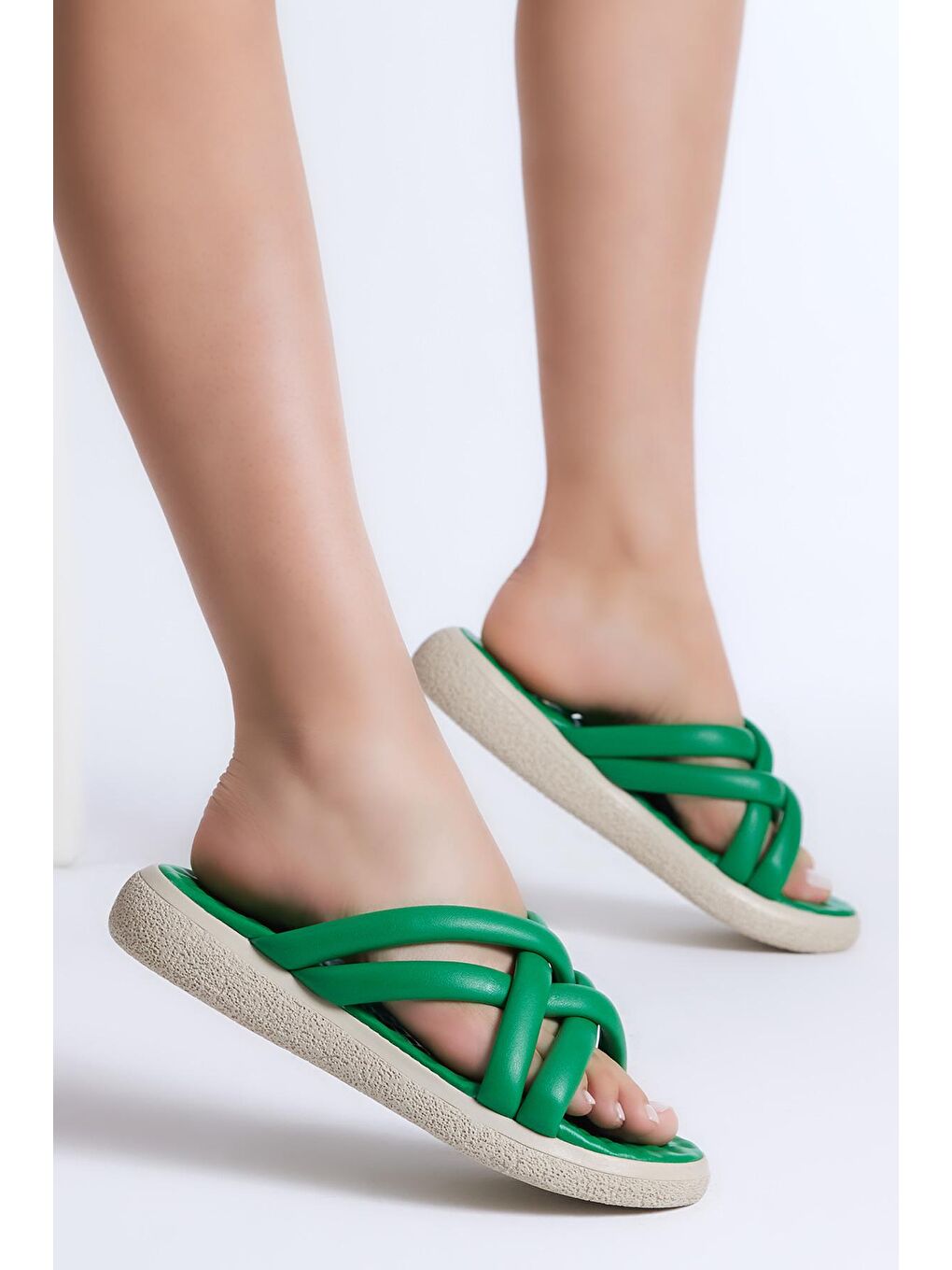 Kadın Yeşil Cilt Çapraz Çift Bantlı Terlik-2