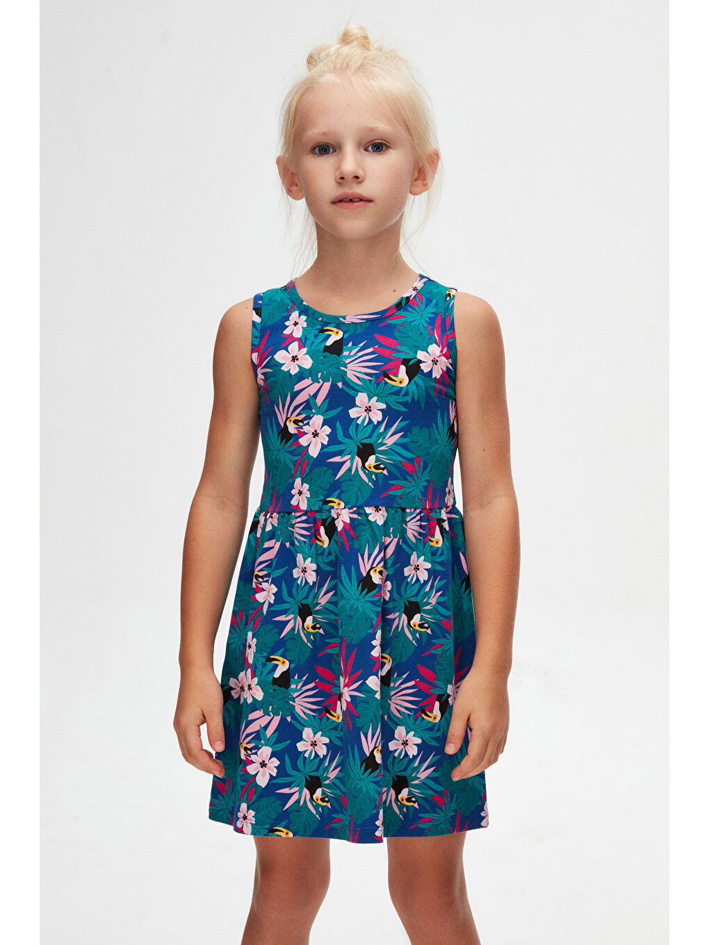 Karışık Tropical Parrot Kız Çocuk Desenli Kolsuz Elbise-2