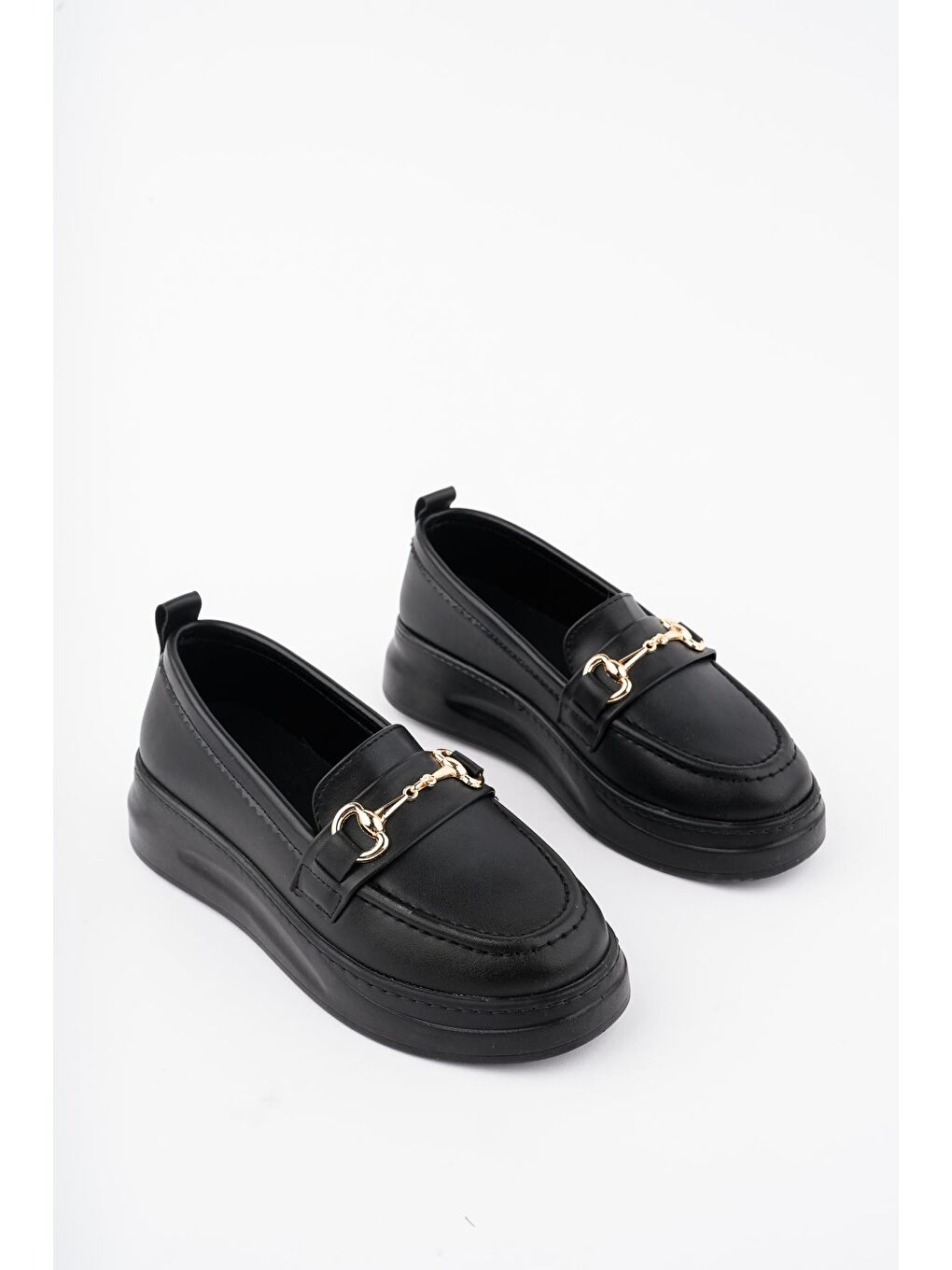 Siyah SANTA Kadın Loafer Oval Burunlu Kalın Taban Tokalı Günlük Makosen Ayakkabı-4