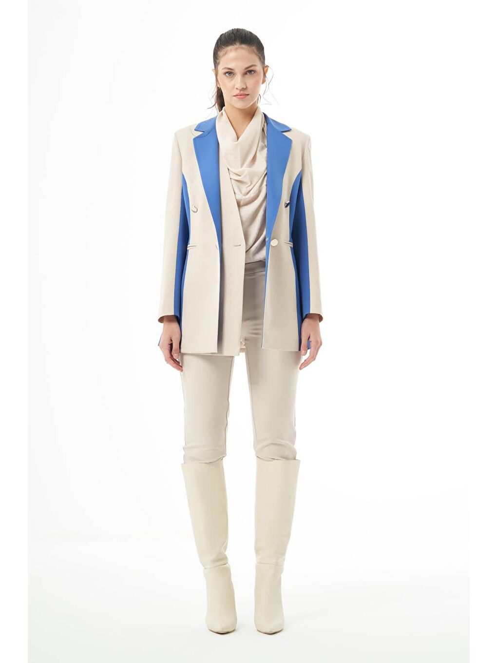 Tasarım Renk Bloklu Bej-İndigo Ceket