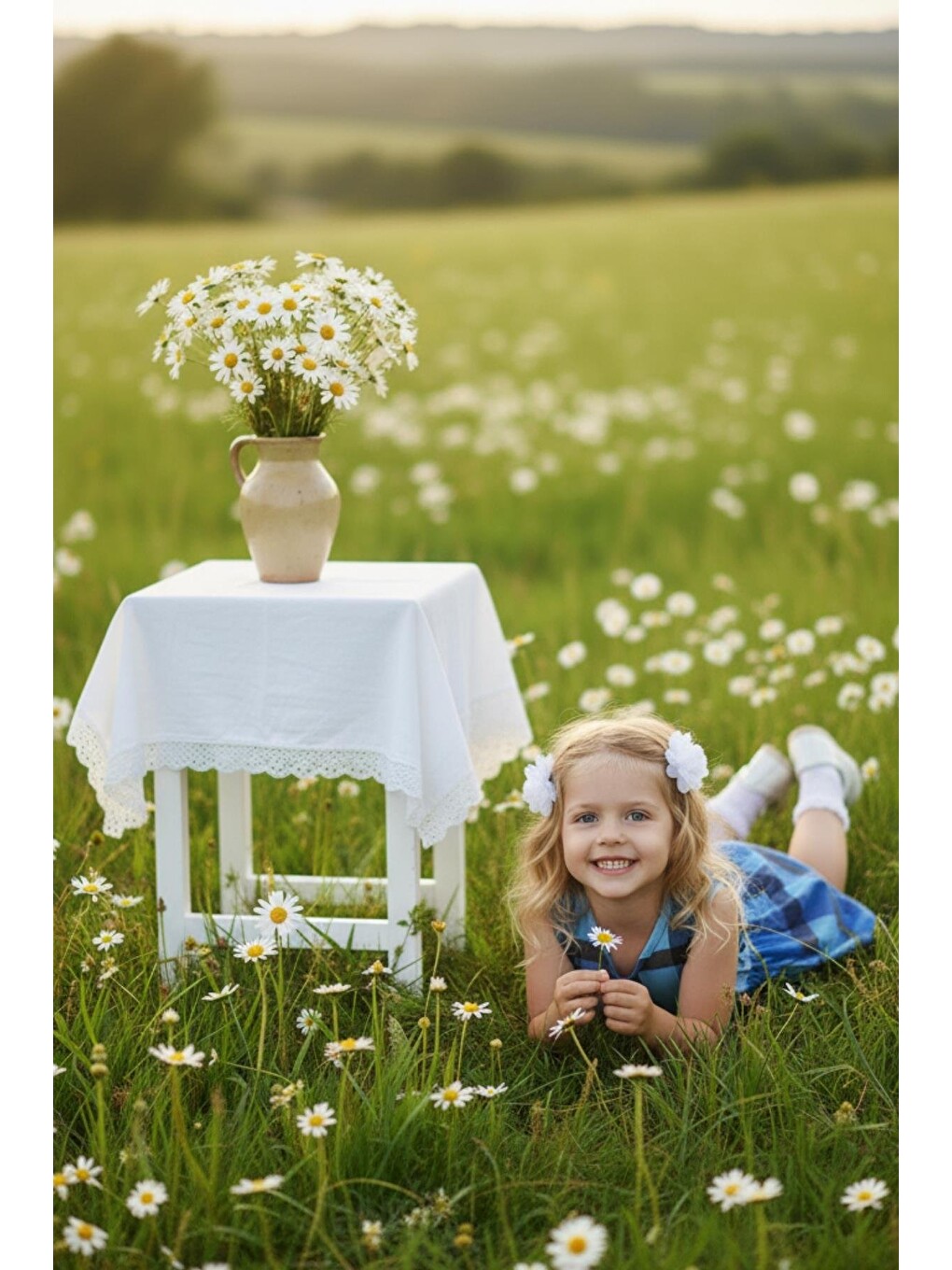 Kız Çocuk Mavi Lacivert Pötikareli Dokuma Elbise Beyaz Toka Takım 0015-4