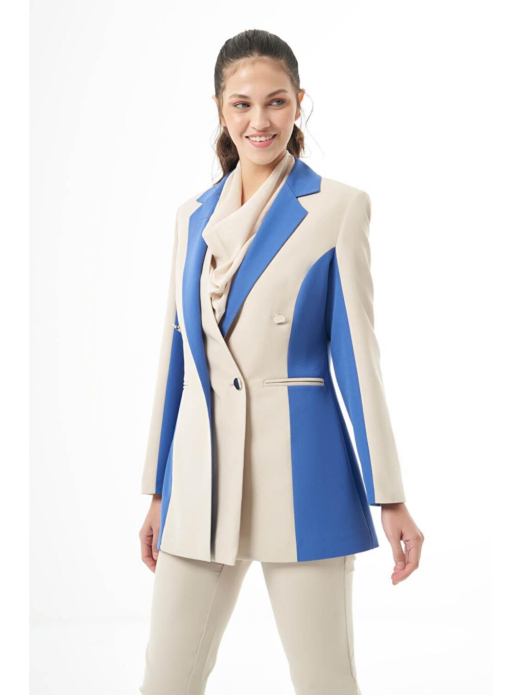 Tasarım Renk Bloklu Bej-İndigo Ceket-2