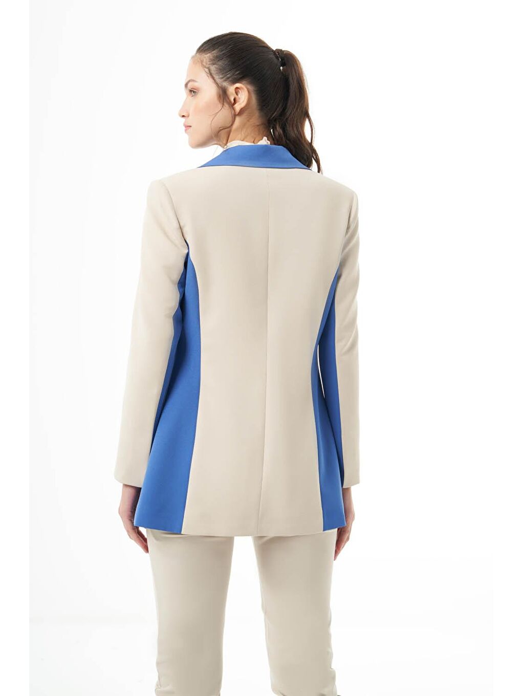 Tasarım Renk Bloklu Bej-İndigo Ceket-4