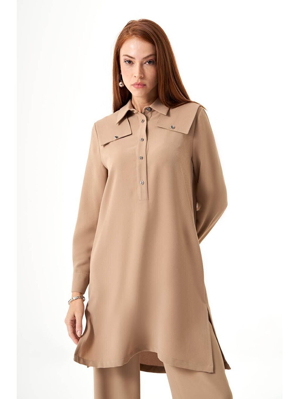 Bej Omuz Parçalı Vizon Tunik-9