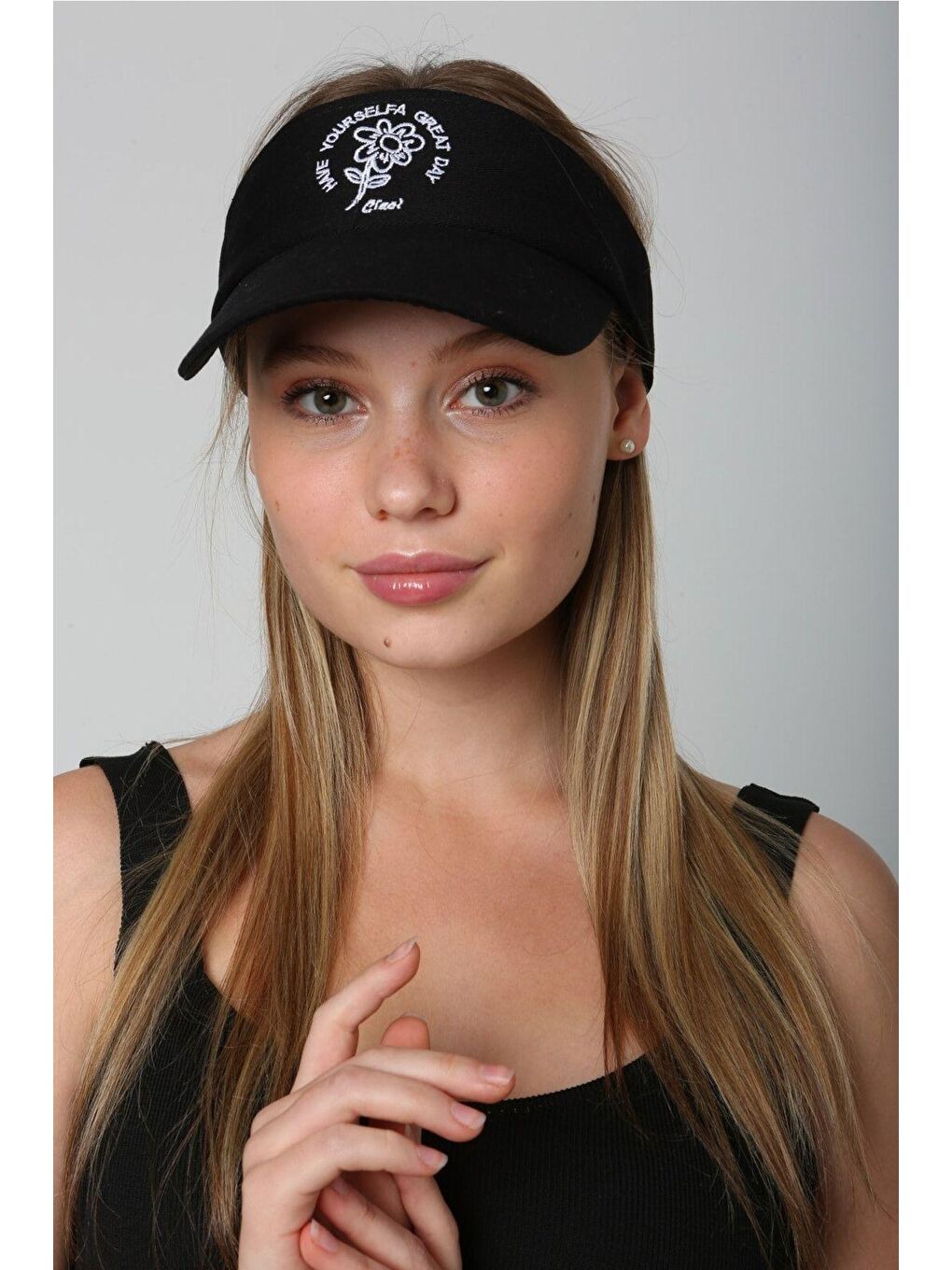 Siyah Kadın Çiçek Nakışlı Vizör - Tenisçi - Golf / Siperlik Şapka Spk78