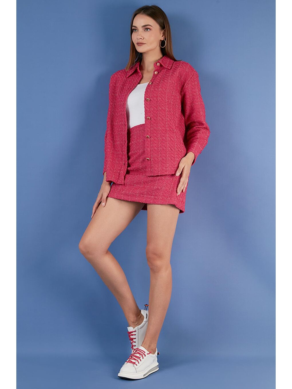 Fuşya Pamuklu Oversize Tüvit Gömlek 42190503