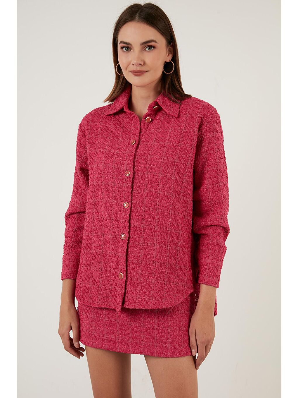 Fuşya Pamuklu Oversize Tüvit Gömlek 42190503-1