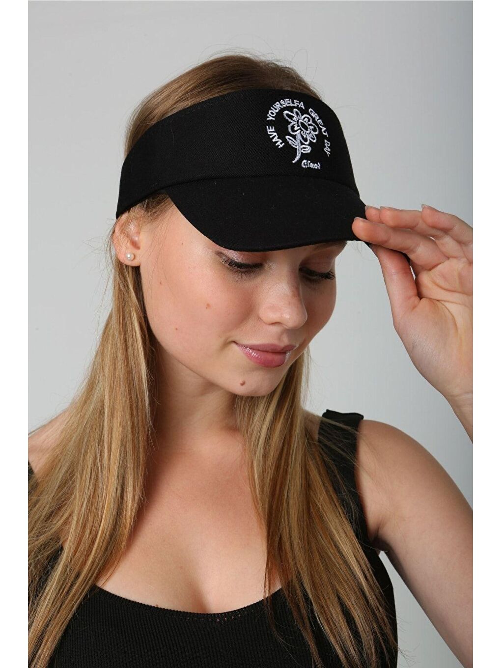 Siyah Kadın Çiçek Nakışlı Vizör - Tenisçi - Golf / Siperlik Şapka Spk78-1