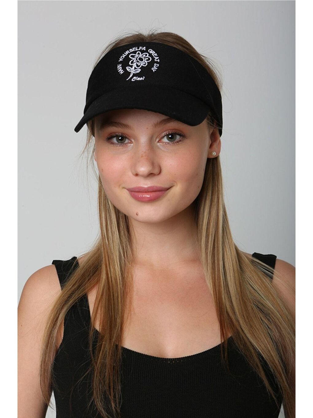 Siyah Kadın Çiçek Nakışlı Vizör - Tenisçi - Golf / Siperlik Şapka Spk78-2