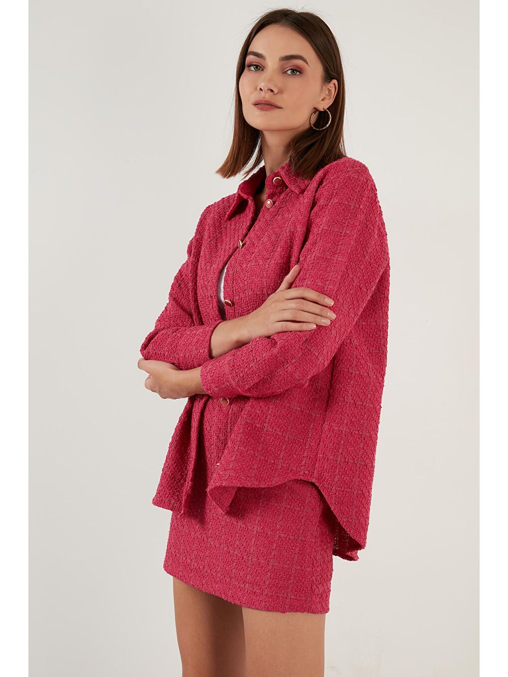 Fuşya Pamuklu Oversize Tüvit Gömlek 42190503-2