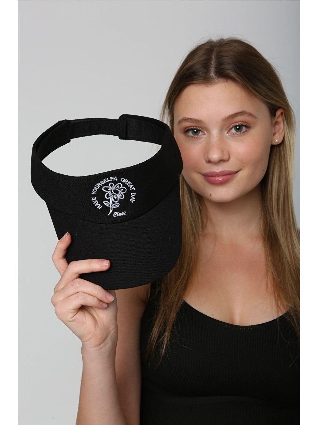 Siyah Kadın Çiçek Nakışlı Vizör - Tenisçi - Golf / Siperlik Şapka Spk78-4