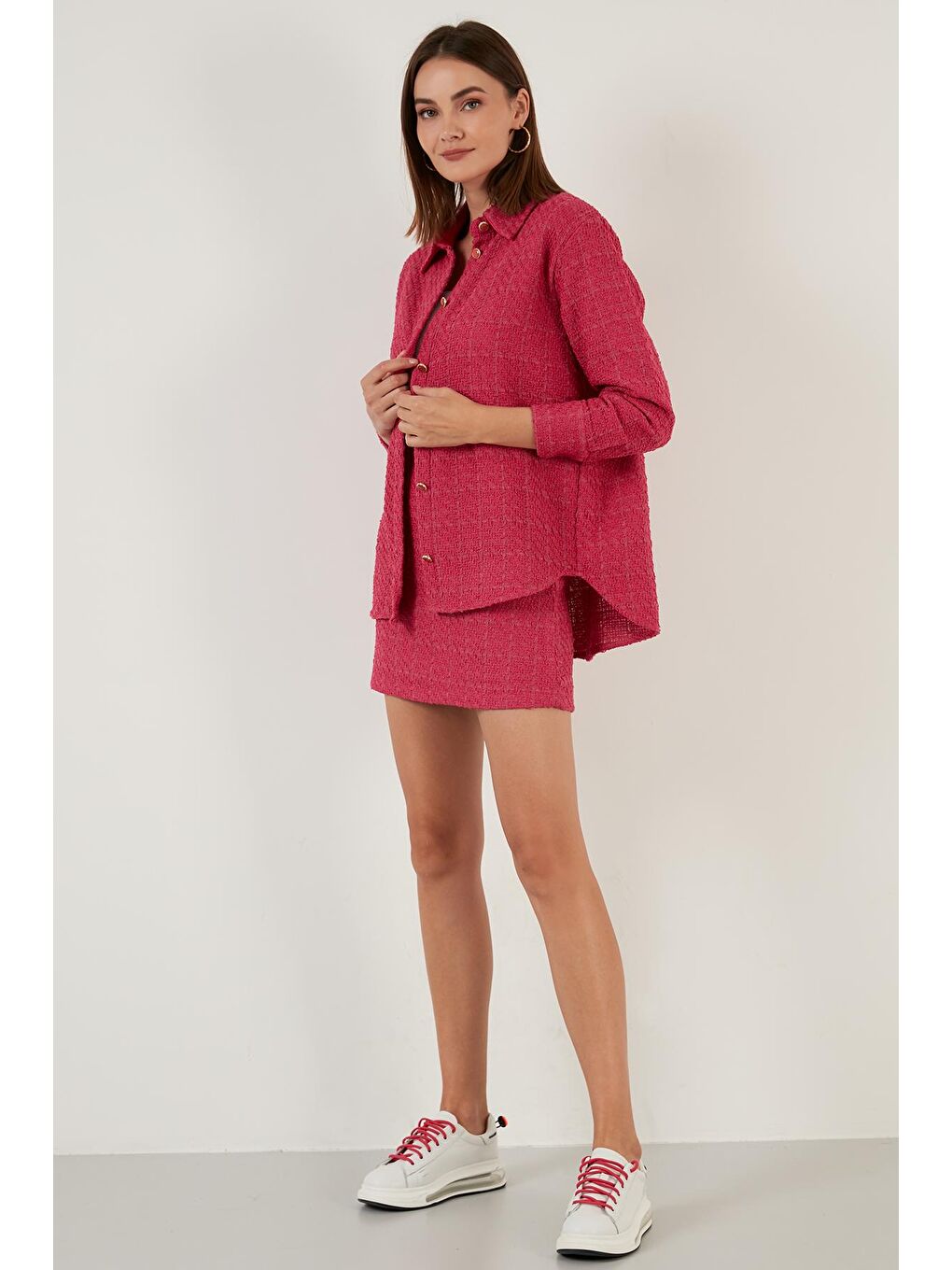 Fuşya Pamuklu Oversize Tüvit Gömlek 42190503-4