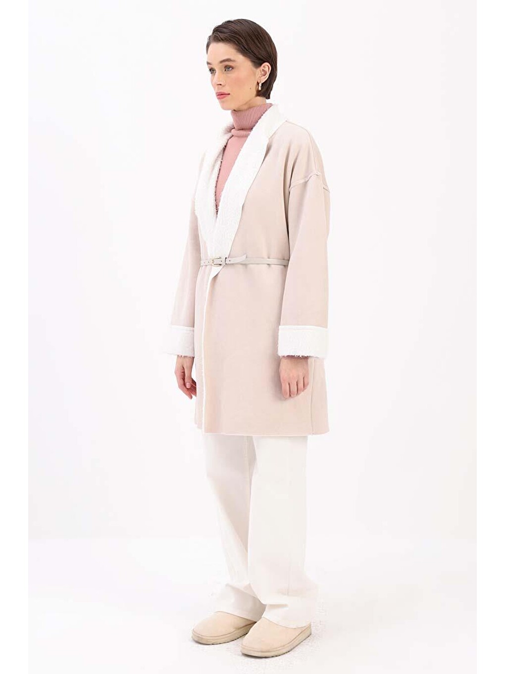 Bej Taş-oversize Gizli Cepli Süet Kaban-2