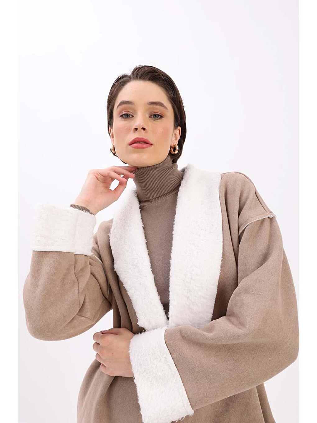 Bej Vizon-oversize Gizli Cepli Süet Kaban-4