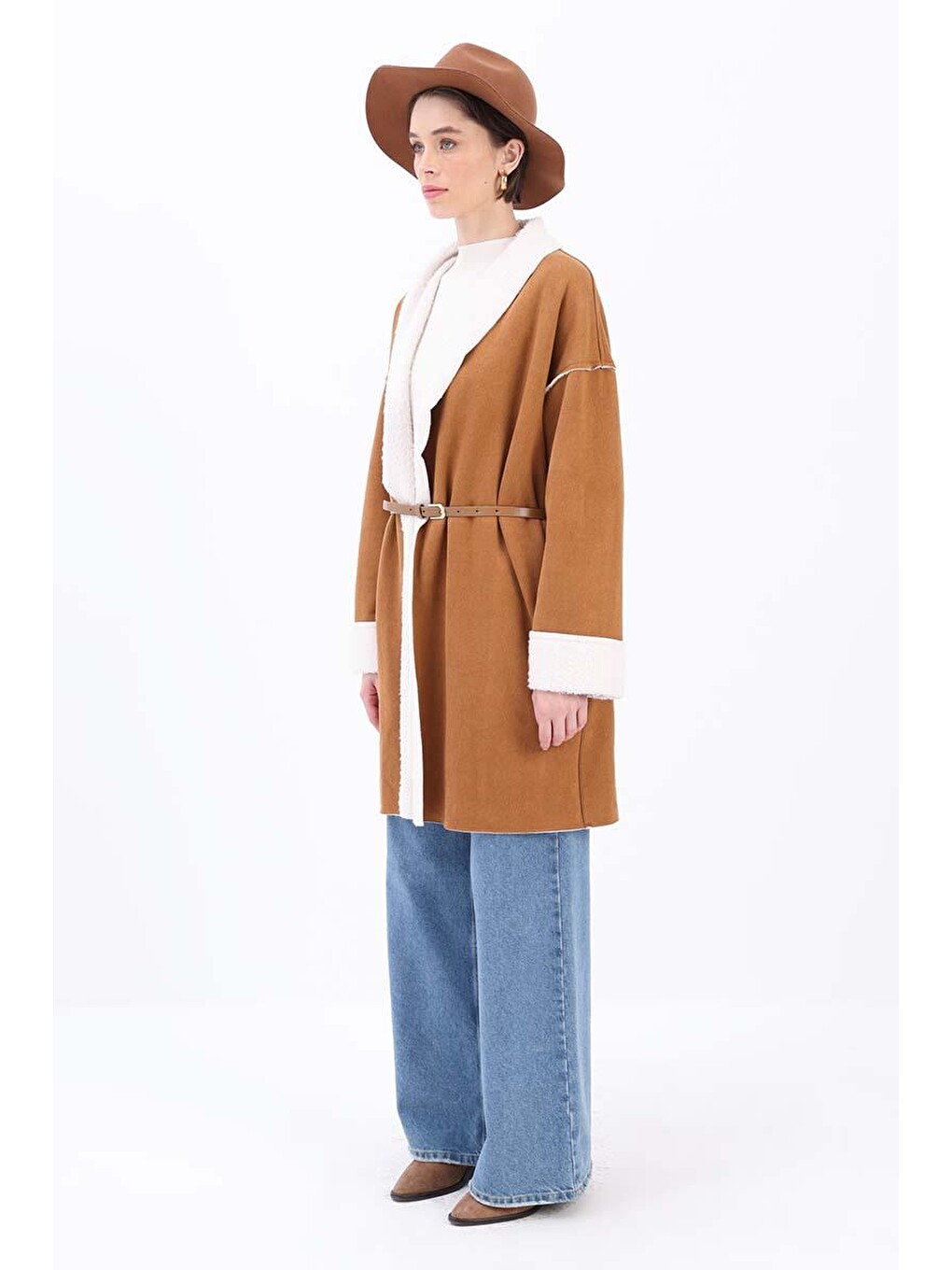 Kahverengi Camel-oversize Gizli Cepli Süet Kaban-1