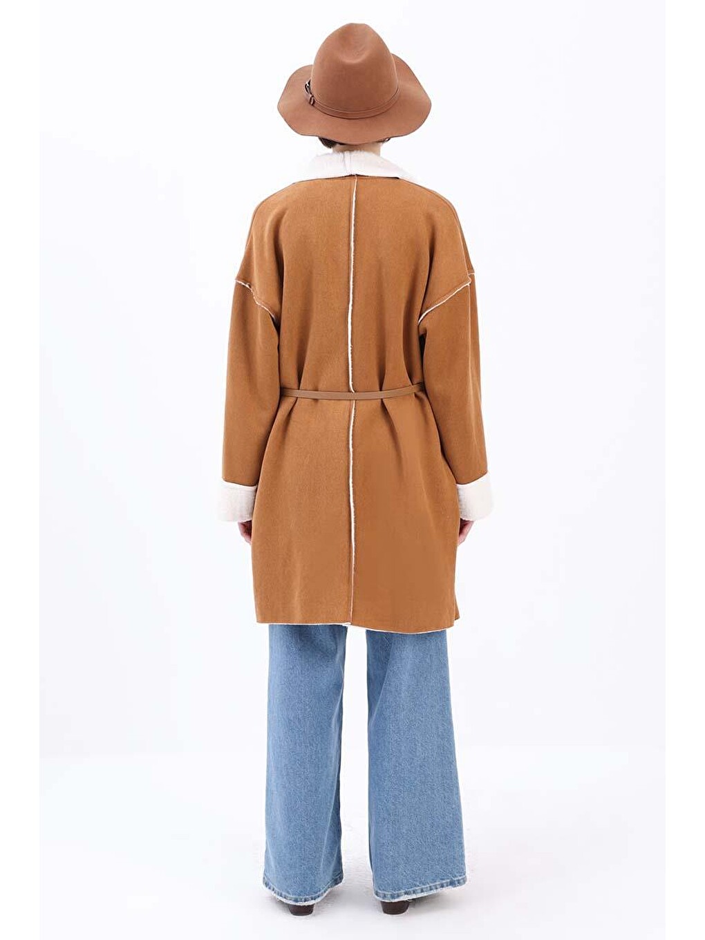 Kahverengi Camel-oversize Gizli Cepli Süet Kaban-2
