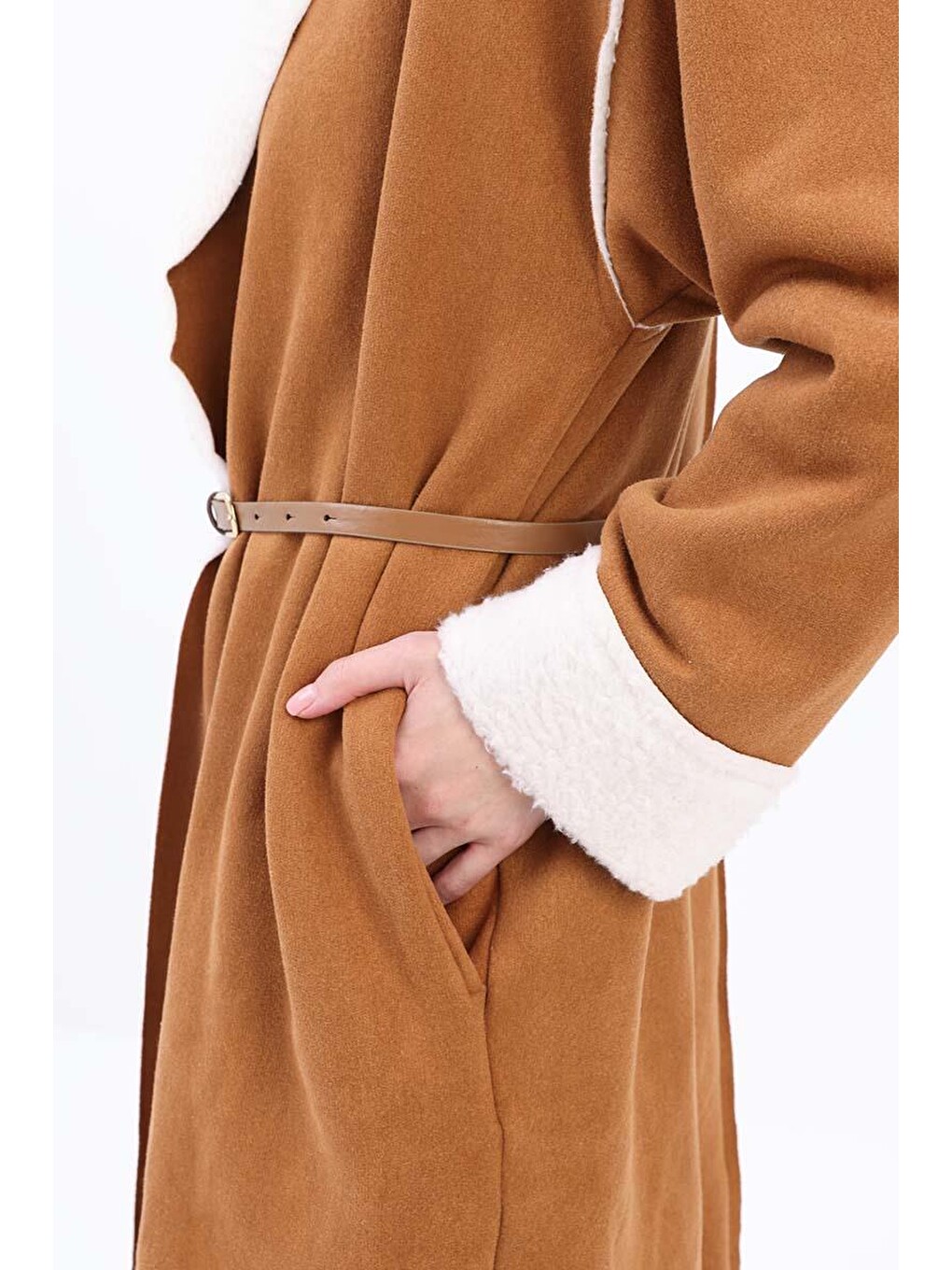 Kahverengi Camel-oversize Gizli Cepli Süet Kaban-3