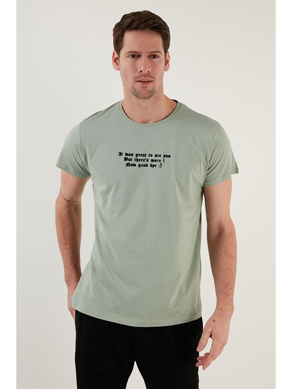 Yeşil Yazı Baskılı Bisiklet Yaka %100 Pamuk Slim Fit Tişört 541THEMAS-4