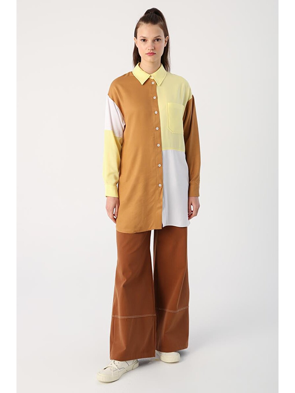 Kahverengi Camel-tek Cepli Viscon Kumaş Gömlek Tunik-1