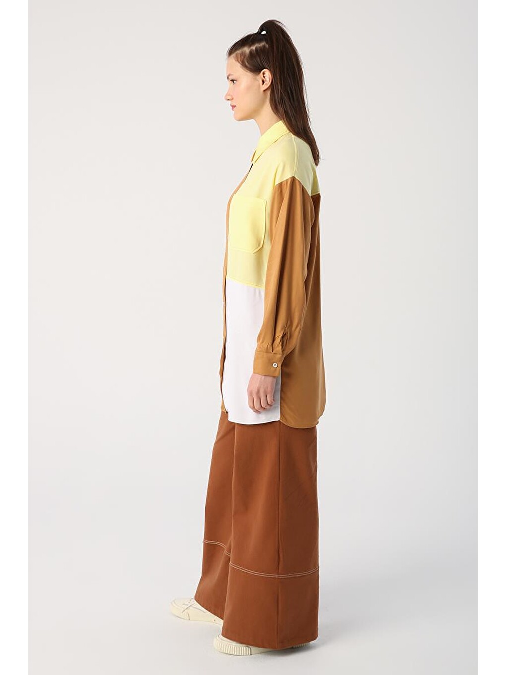 Kahverengi Camel-tek Cepli Viscon Kumaş Gömlek Tunik-2