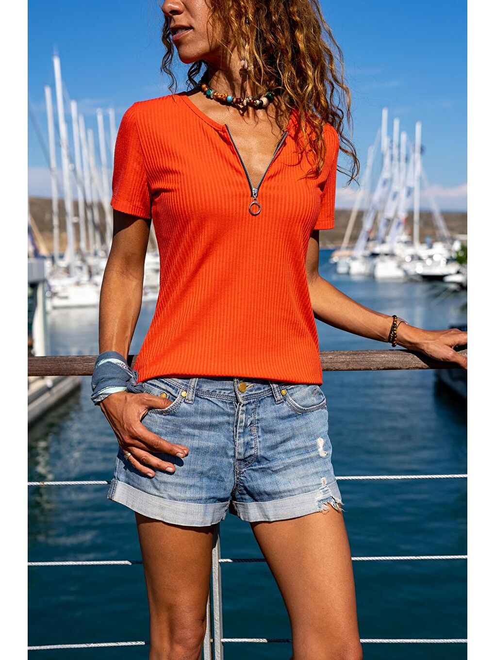 Kadın Mercan Fermuarlı Basic Bluz BSTK4023