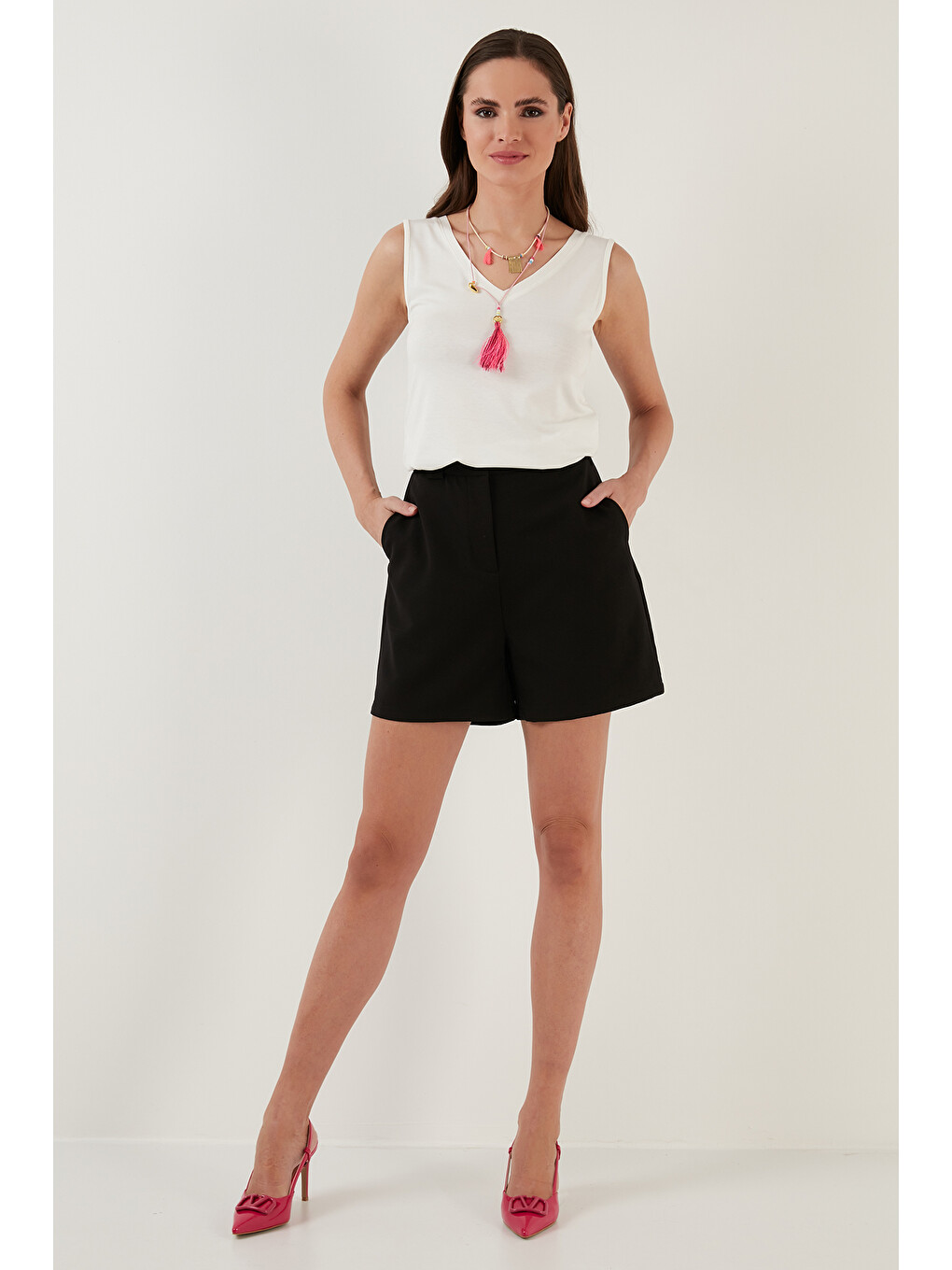 Haki Slim Fit V Yaka Kalın Askılı 2' li Paket Kadın Bluz 5864384S2-3