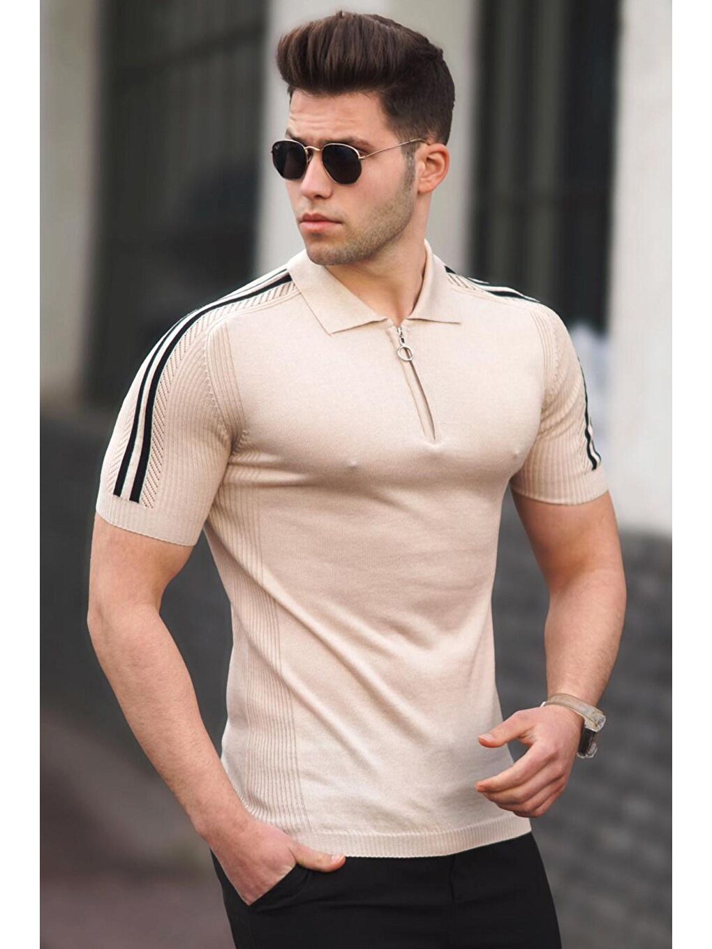 Bej Polo Yaka Triko Tişört 5084