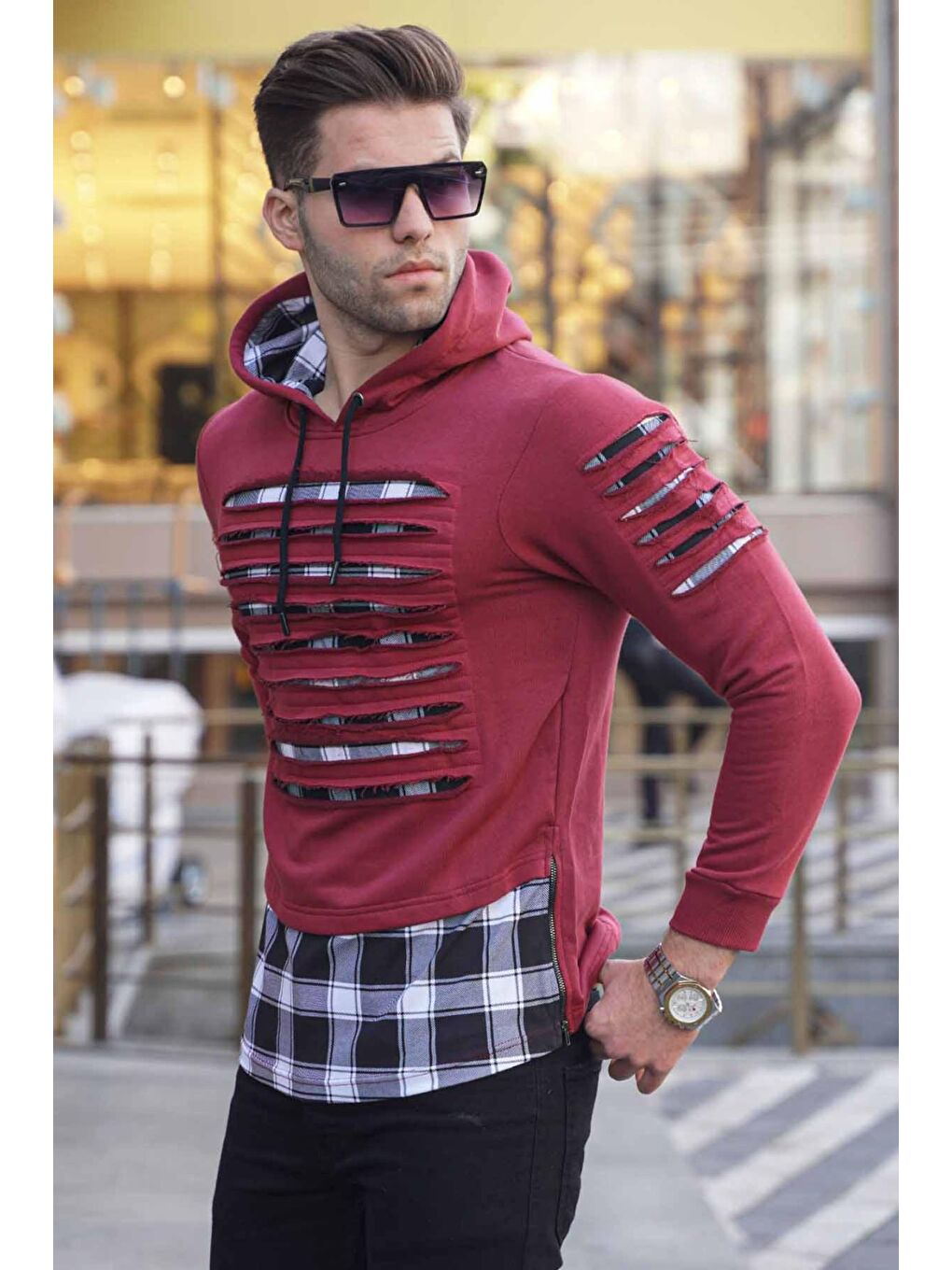 Madmext Bordo Yırtık Detaylı Kapüşonlu Sweatshirt 2656