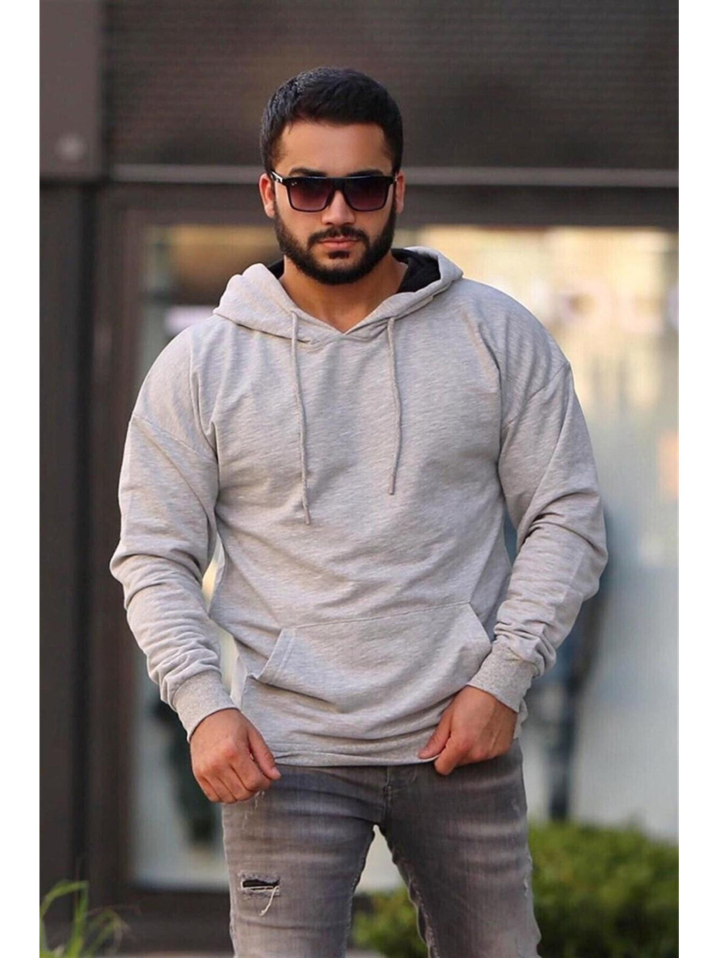 Basic Gri Kapüşonlu Sweatshirt 4117-1