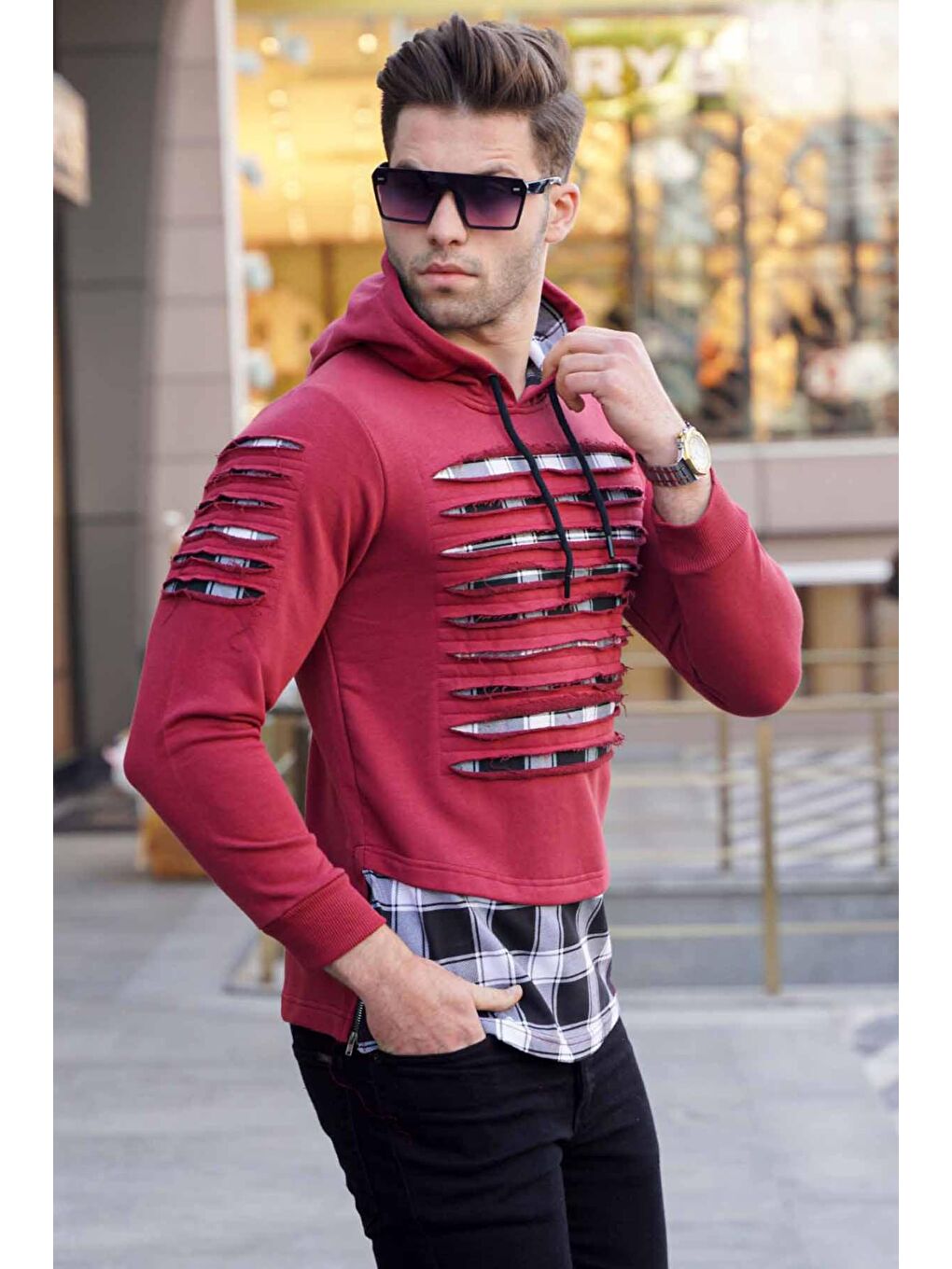 Madmext Bordo Yırtık Detaylı Kapüşonlu Sweatshirt 2656 - 1