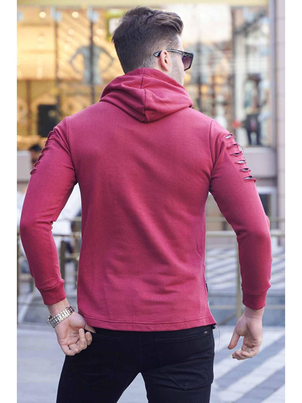 Madmext Bordo Yırtık Detaylı Kapüşonlu Sweatshirt 2656 - 2