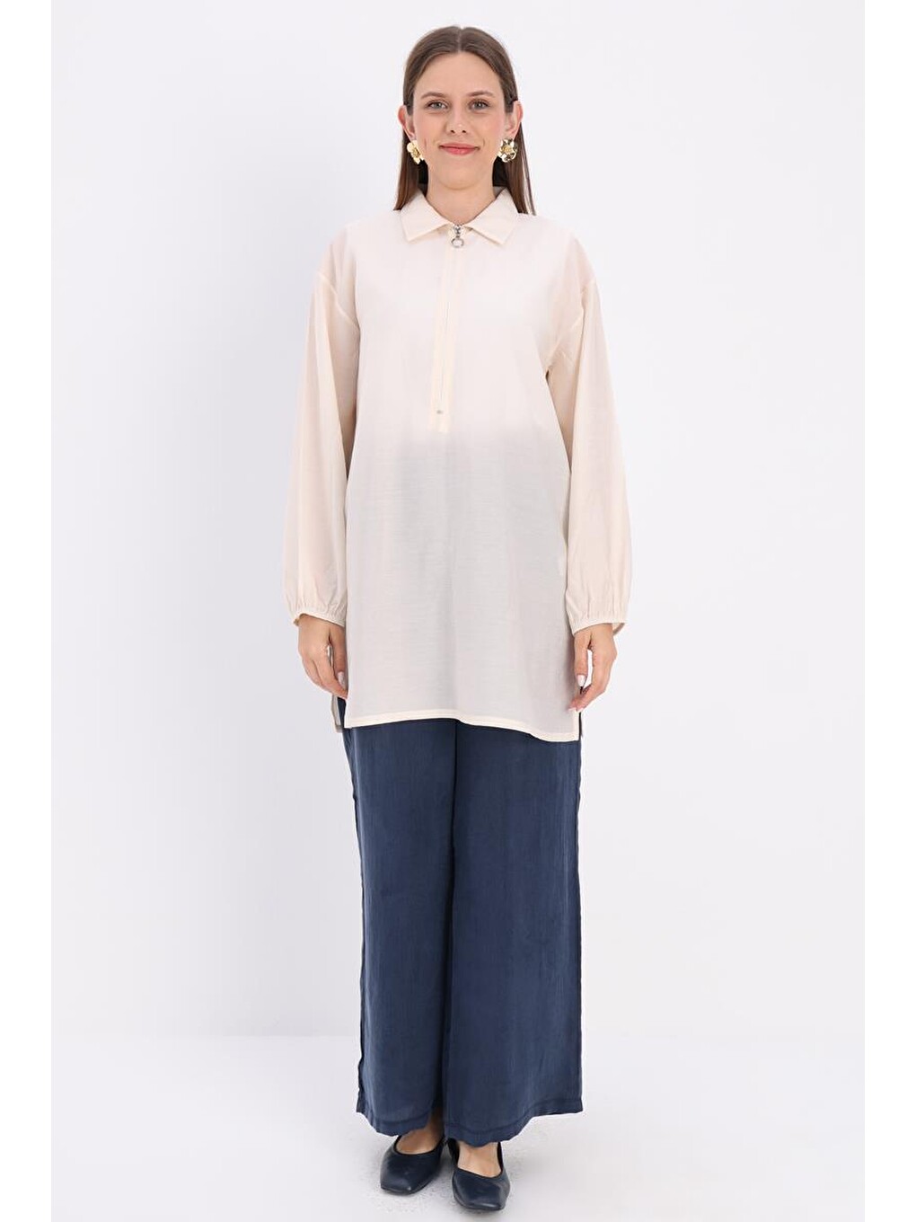 Kırık Beyaz-fermuarlı Tunik-1