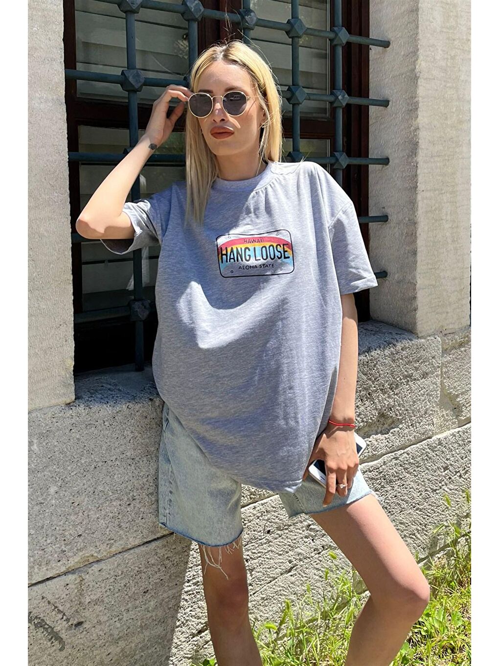 Kadın Gri Baskılı Oversize Tişört Mg808-1