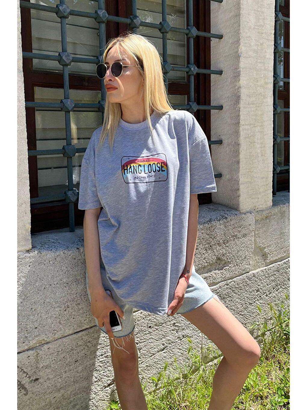 Kadın Gri Baskılı Oversize Tişört Mg808-2