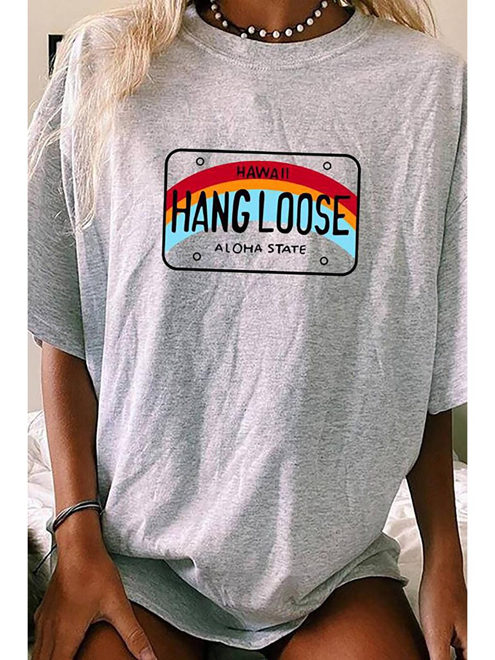 Kadın Gri Baskılı Oversize Tişört Mg808-3