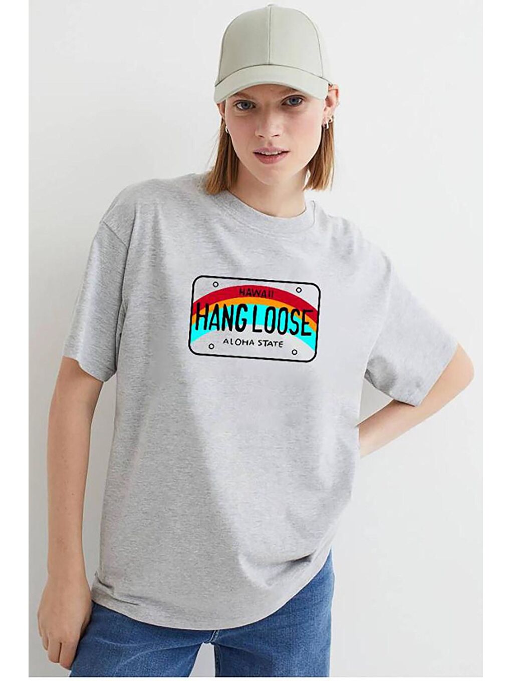 Kadın Gri Baskılı Oversize Tişört Mg808-4