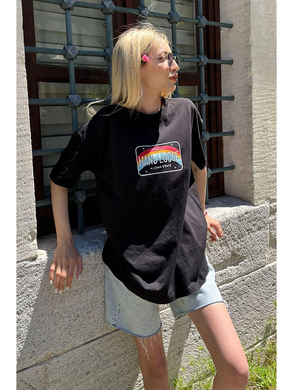 Kadın Siyah Baskılı Oversize Tişört Mg808-1