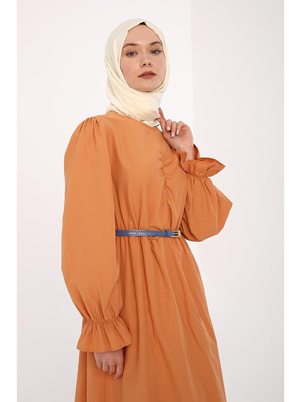 Turuncu-büzgülü Kemerli Elbise-3